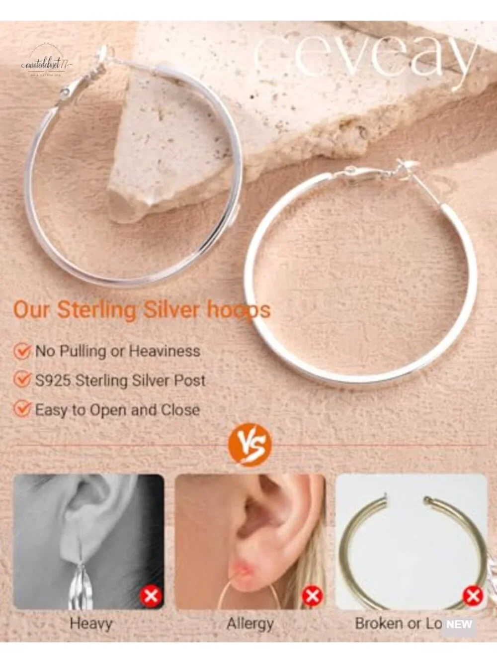 925 Sterling Silver Hoop Earrings Lightweight Large Hoops 3mm Wide